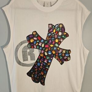 Men's White Tank Top with Colorful Gemstone Cross